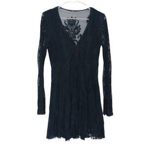 chinese dress ladies Free People Navy Blue Cotton Lace and Embroidered Open Tie Side Dress (M)